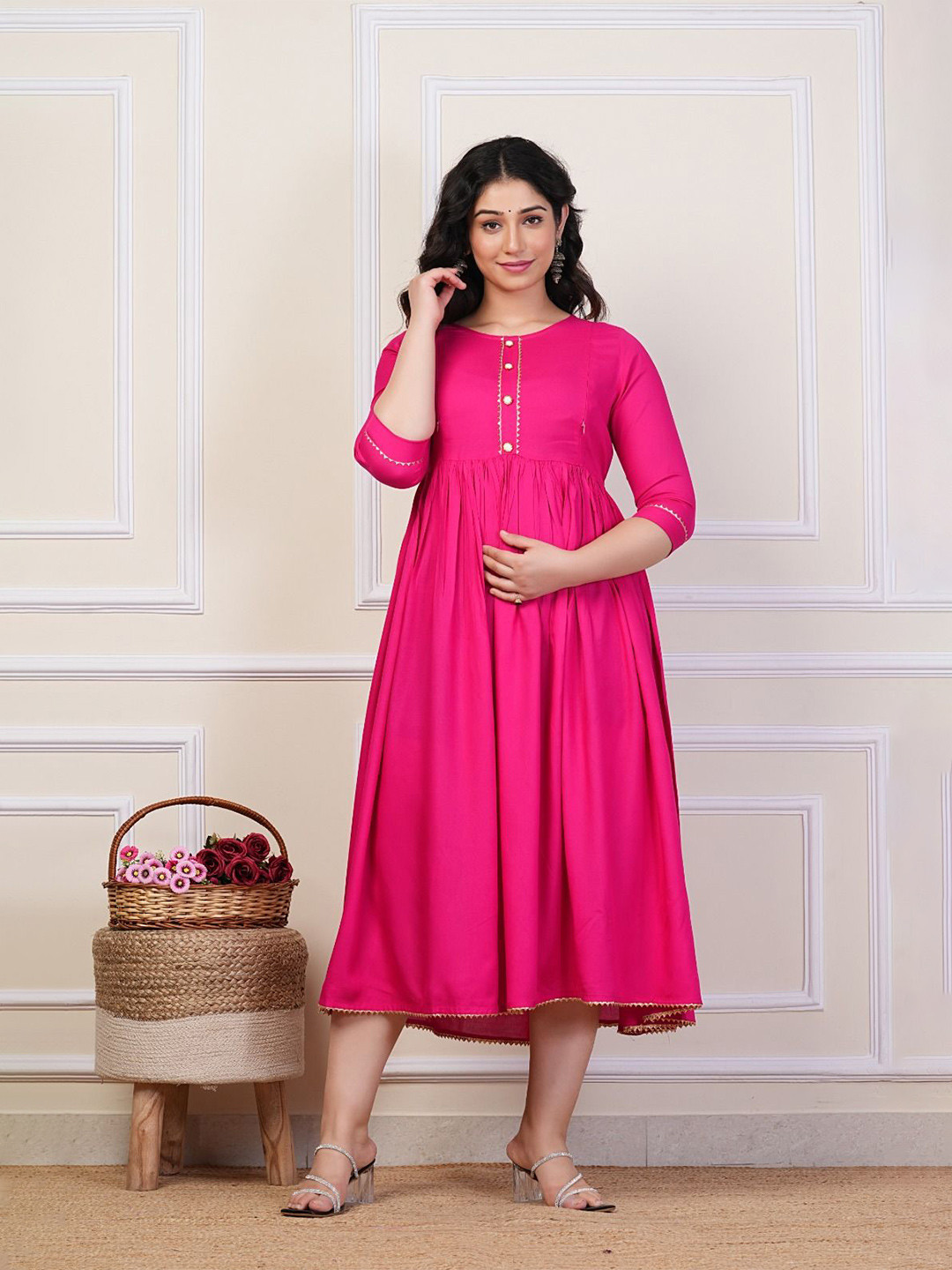outfit 4 you Round Neck Maternity A-Line Midi Kurta
