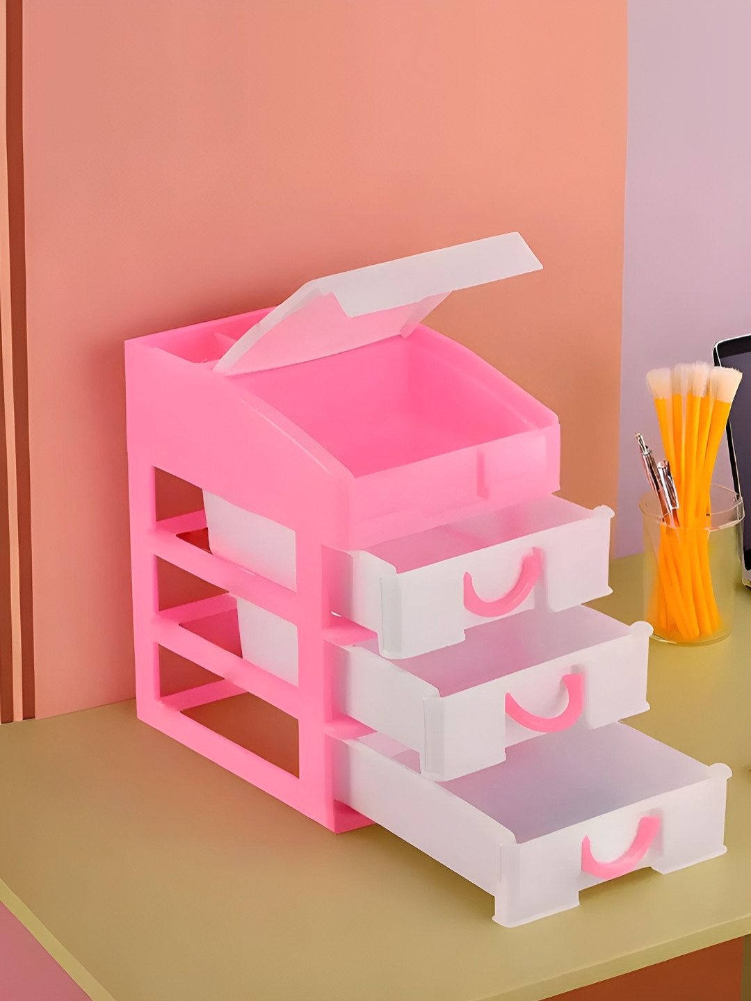 Aura Pink & White 4-Layer Plastic Cabinet Drawer Storage Organisers