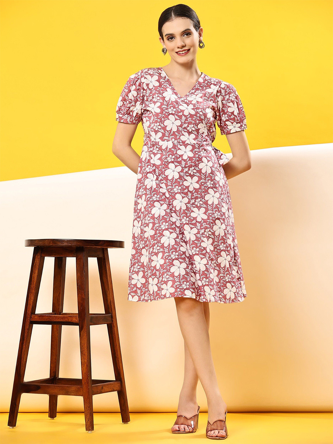 Flabae Floral Print Puff Sleeve Wrap Dress