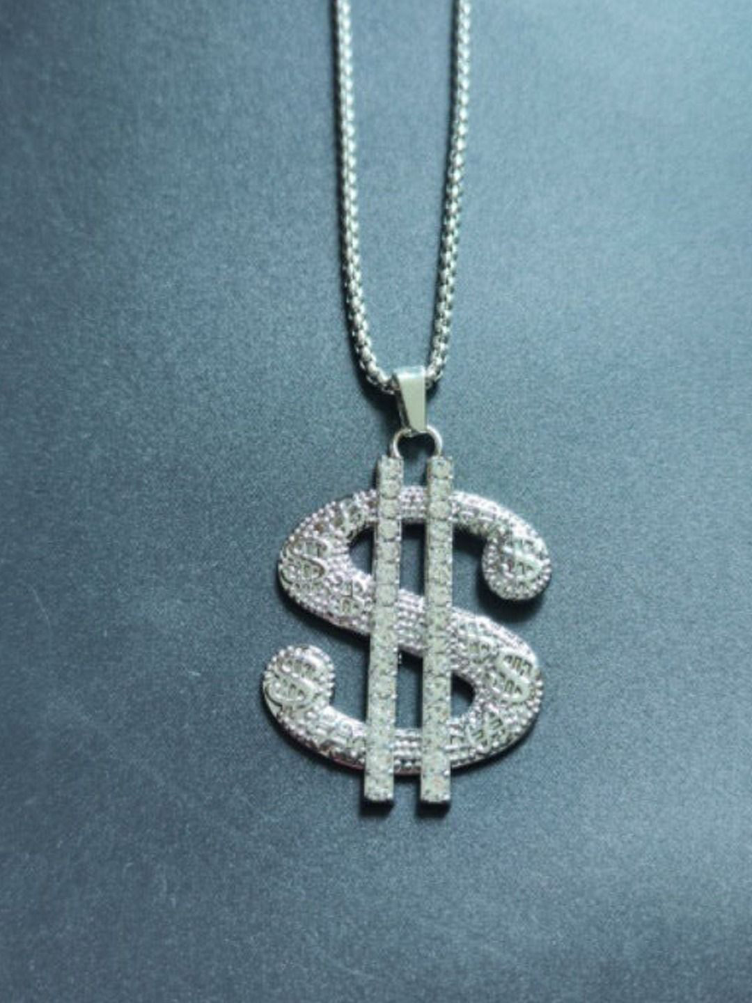 KRENOZ Men Silver-Plated Stainless Steel Stone Studded Dollar Shaped Pendant With Chain