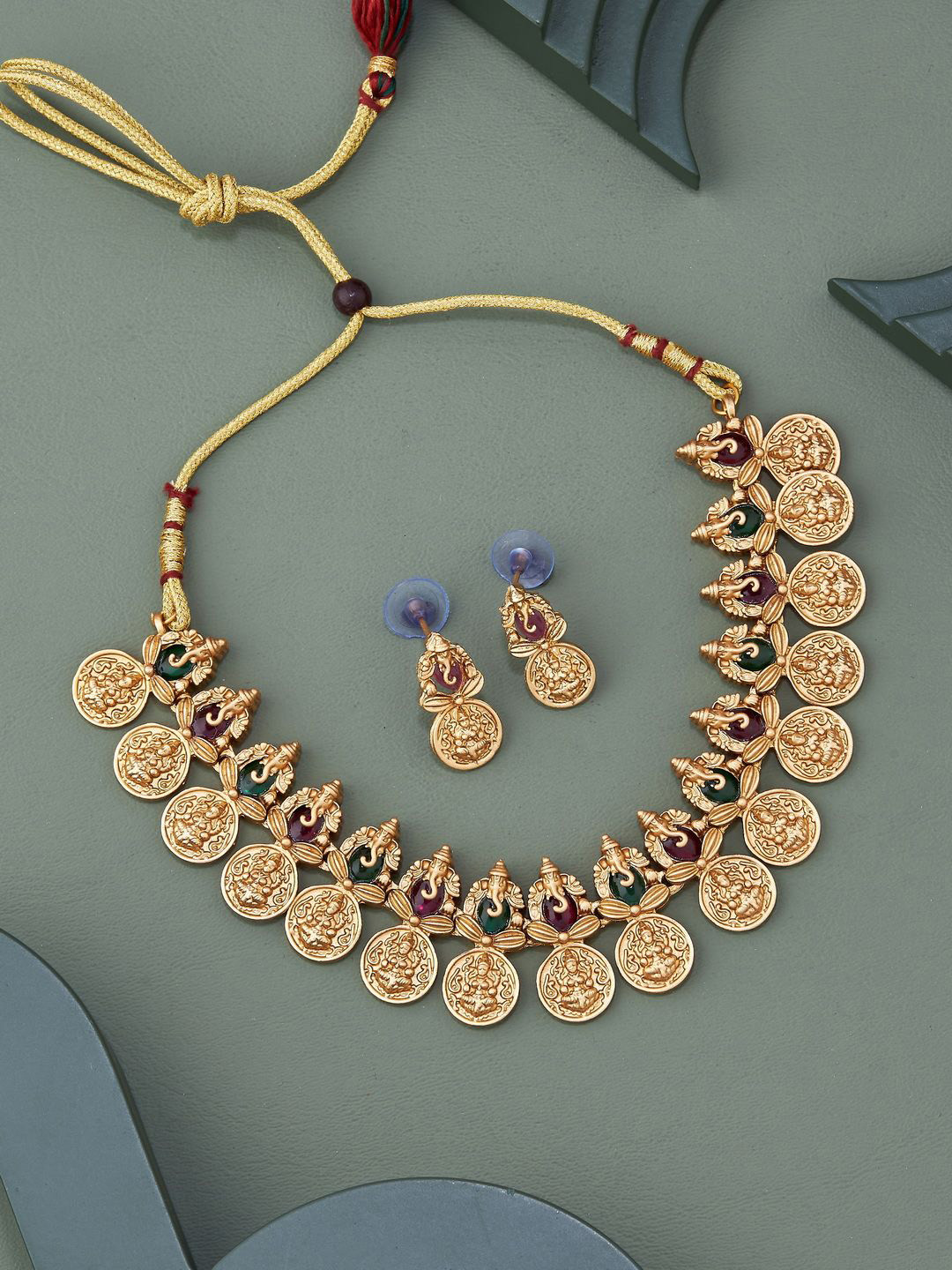 Feelwhiz Gold-Plated Stone-Studded Ganesh and Lakshmi Goddess Jewellery Set