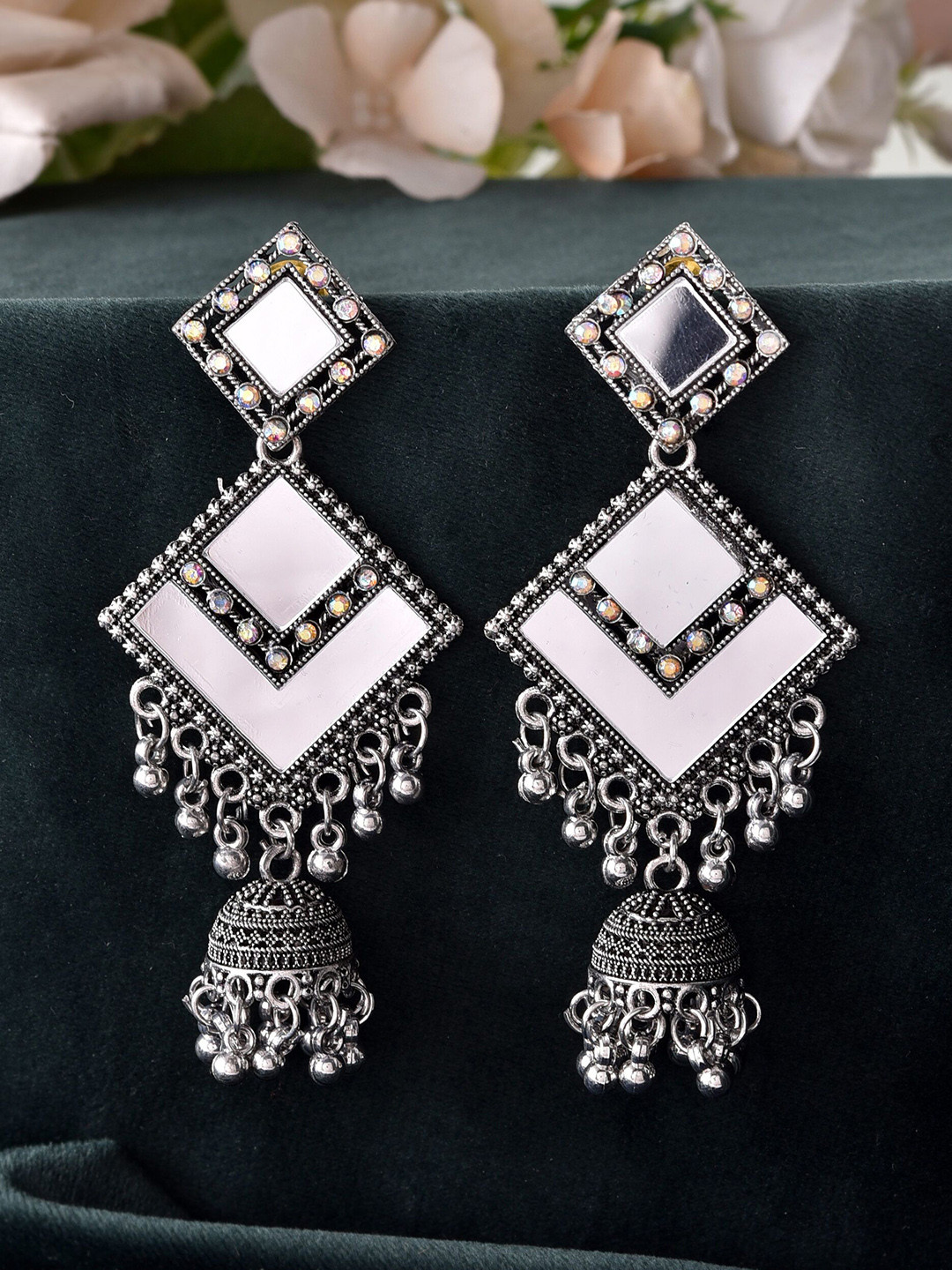 VOJ Silver-Plated Stainless Steel Mirror Work Geometric Drop Earrings