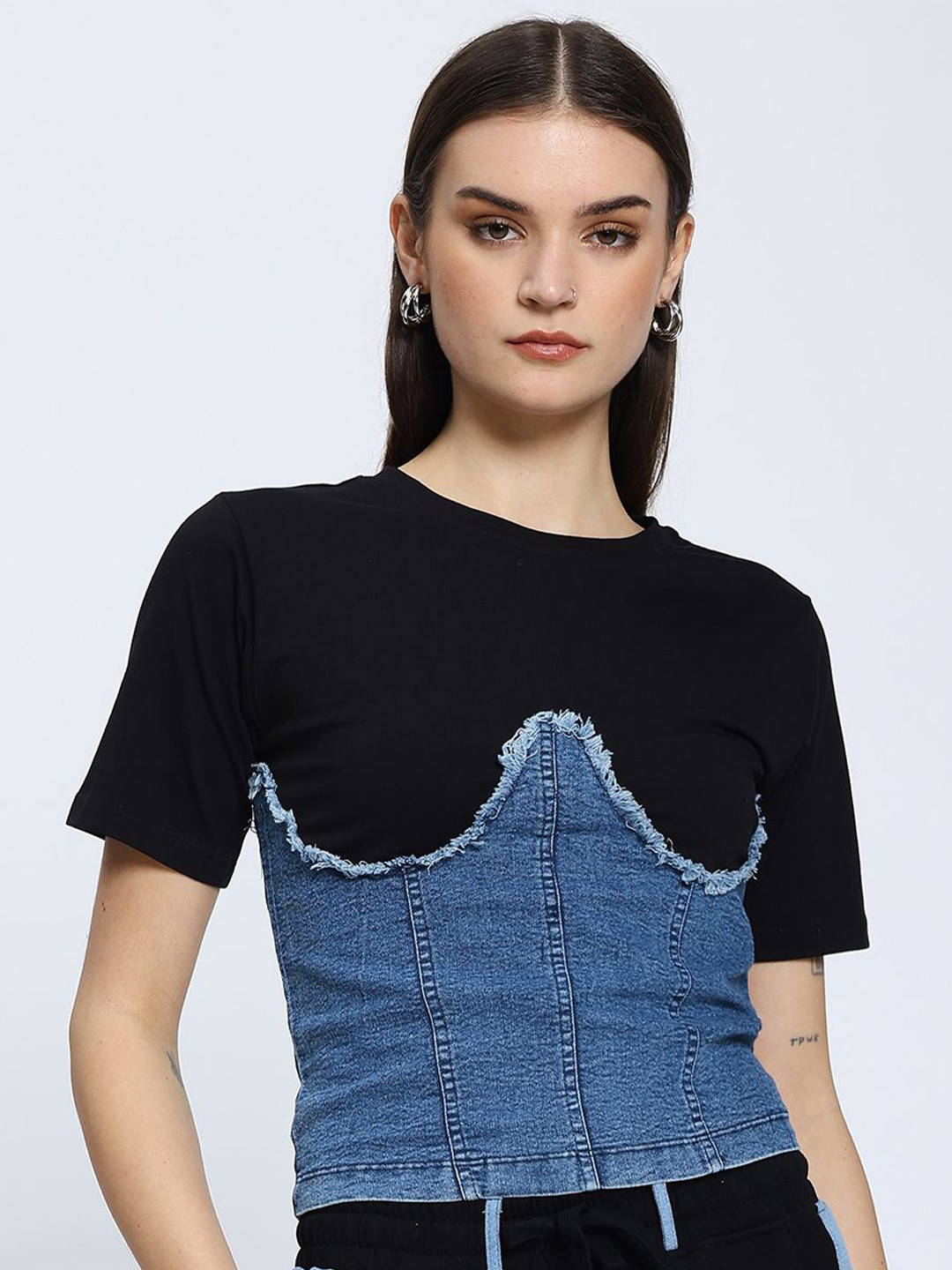 Sugercandy Women Round Neck Short Sleeves Denim Corset Top