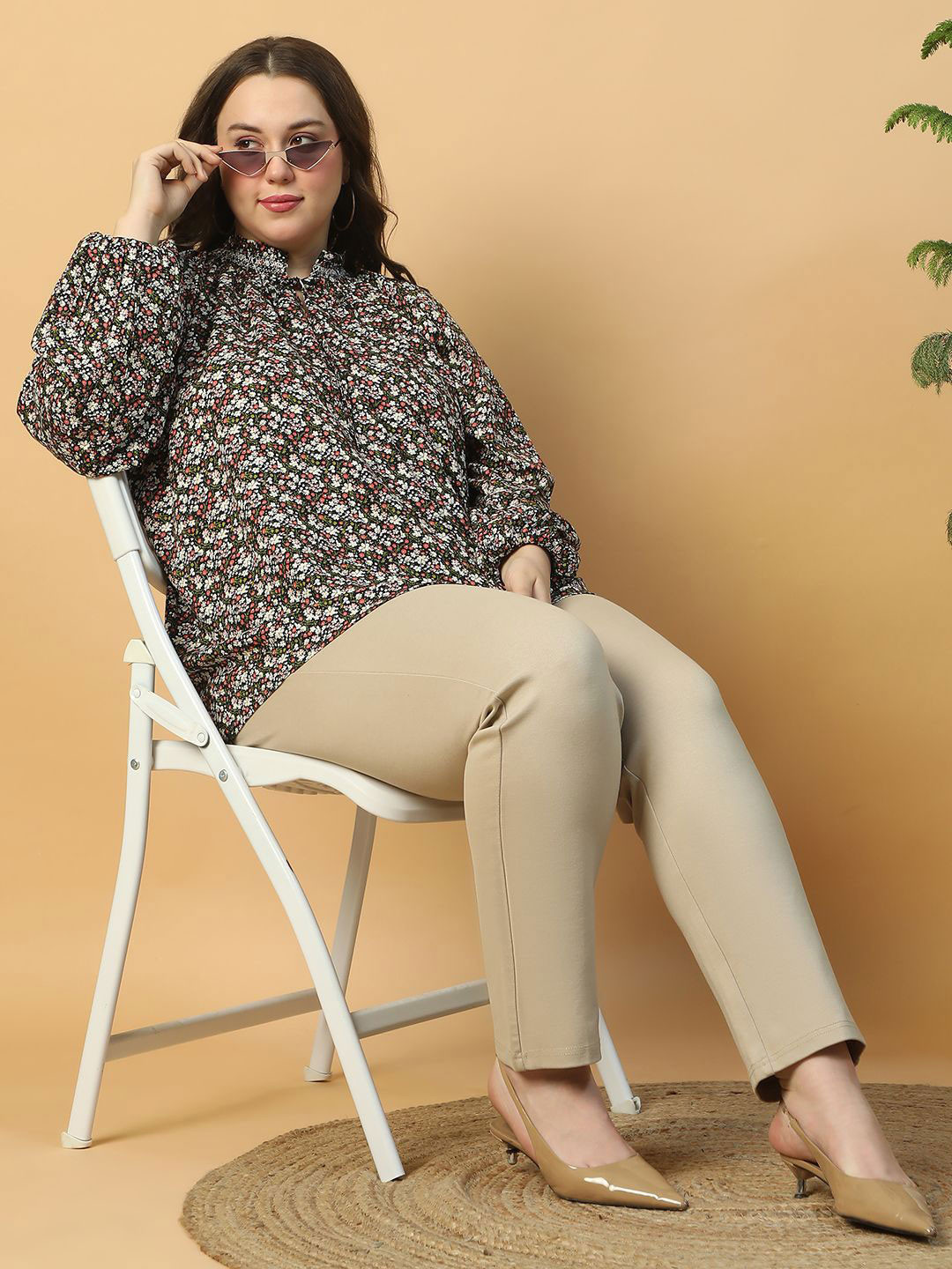 Oxolloxo Plus Size Print Round Neck With Tie-Up String Long Sleeve Smocking Detail Top