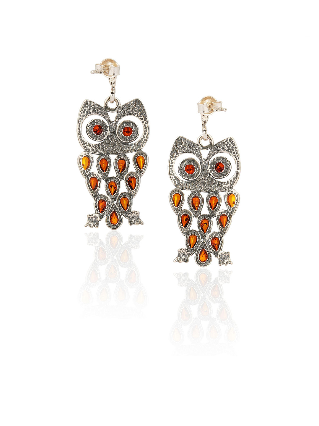 Asteri Shine On Sterling Silver Cognac European Baltic Amber Dainty Owl Earrings