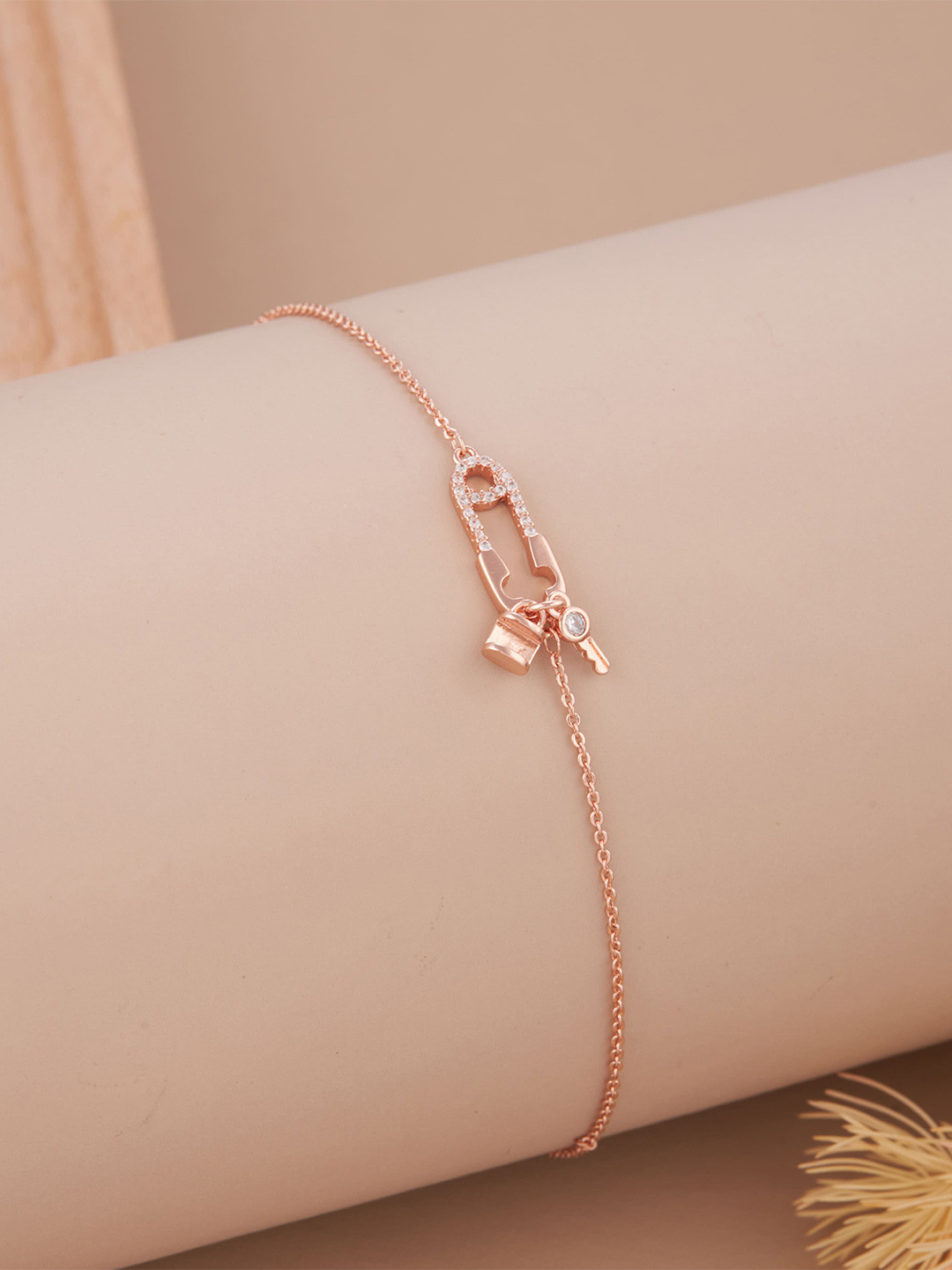 GC Jewelery Stainless Steel Rose Gold-Plated AD Studded Lock And Key Wraparound Bracelet