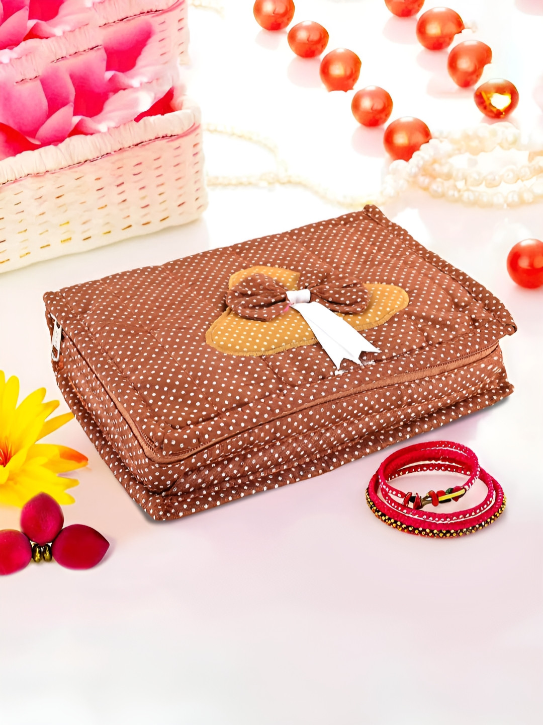 Aura Brown & Yellow Cosmetic Organisers Storage Box With 7 Pocket Jewellery Organiser