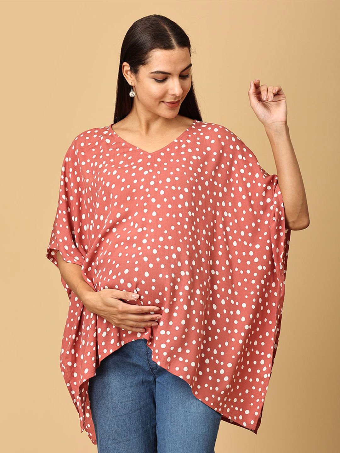The Mom Store Polka Dot Print Kimono Sleeve Kaftan Top