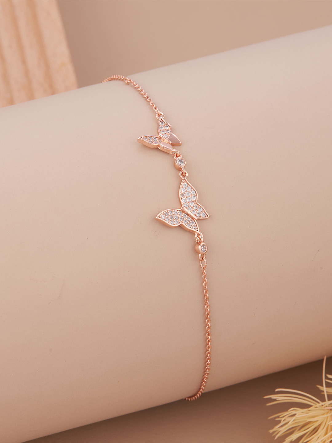 GC Jewelery Stainless Steel Rose Gold-Plated AD Butterfly Charm Wraparound Bracelet
