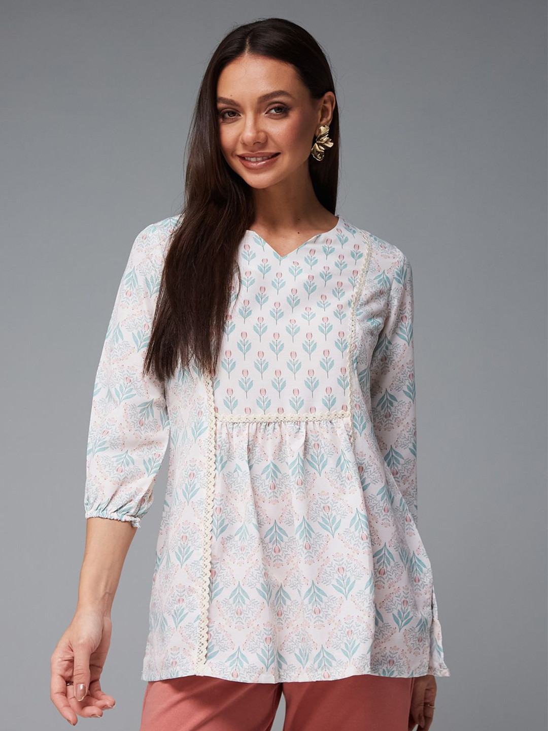 COLOCART Women Beige Color Printed Short Tunic Top