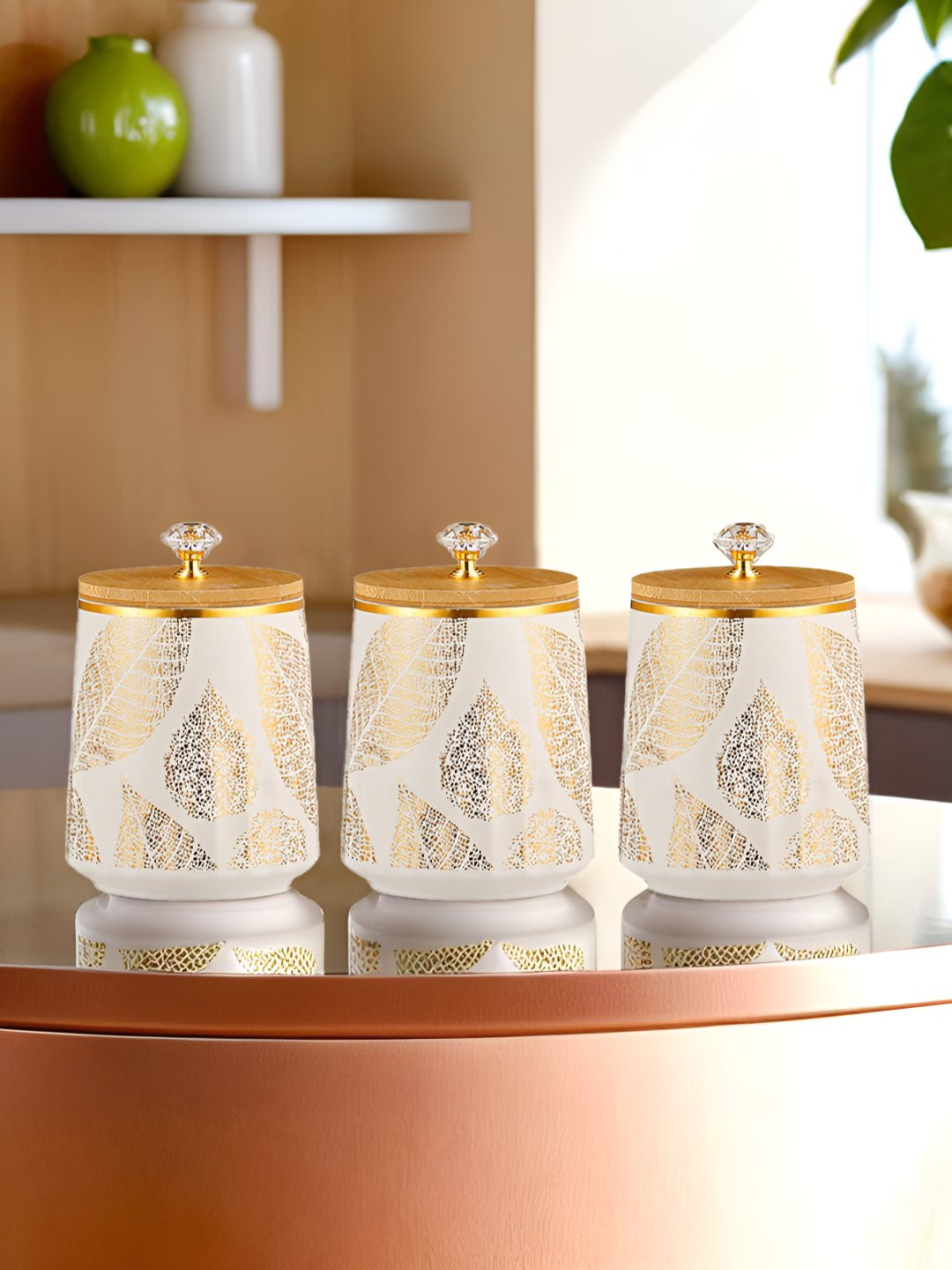 The Better Home Gold Leaf Ceramic Lightweight 3 Piece Clip-On Canister-650ml