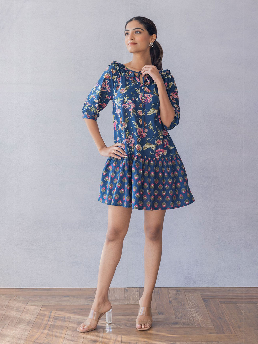 Polago Clothing Floral Printed Cotton Drop-Waist Dress