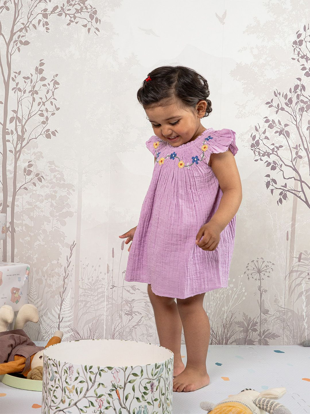 THE BABY TRUNK Girl Lavender Embroidered Dress with Ruffle Bloomer