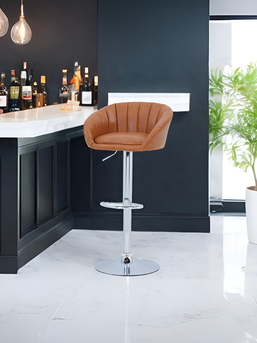 Royaloak Brown & Silver-Toned Low Back Naples Italian Leatherette Bar Stool