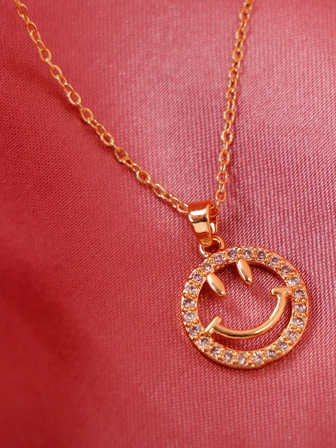 Archies Gold-Plated Stainless Steel Circular Stones Studded Smiling Stone Pendant & Chain