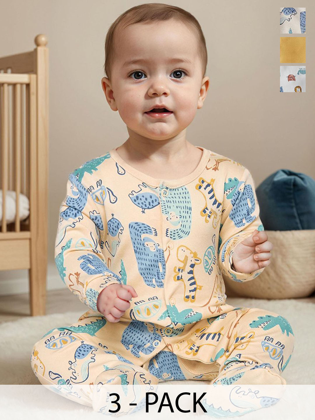 Juniors by Babyshop Boys Pack of 3 Printed Closed Foot Sleepsuit