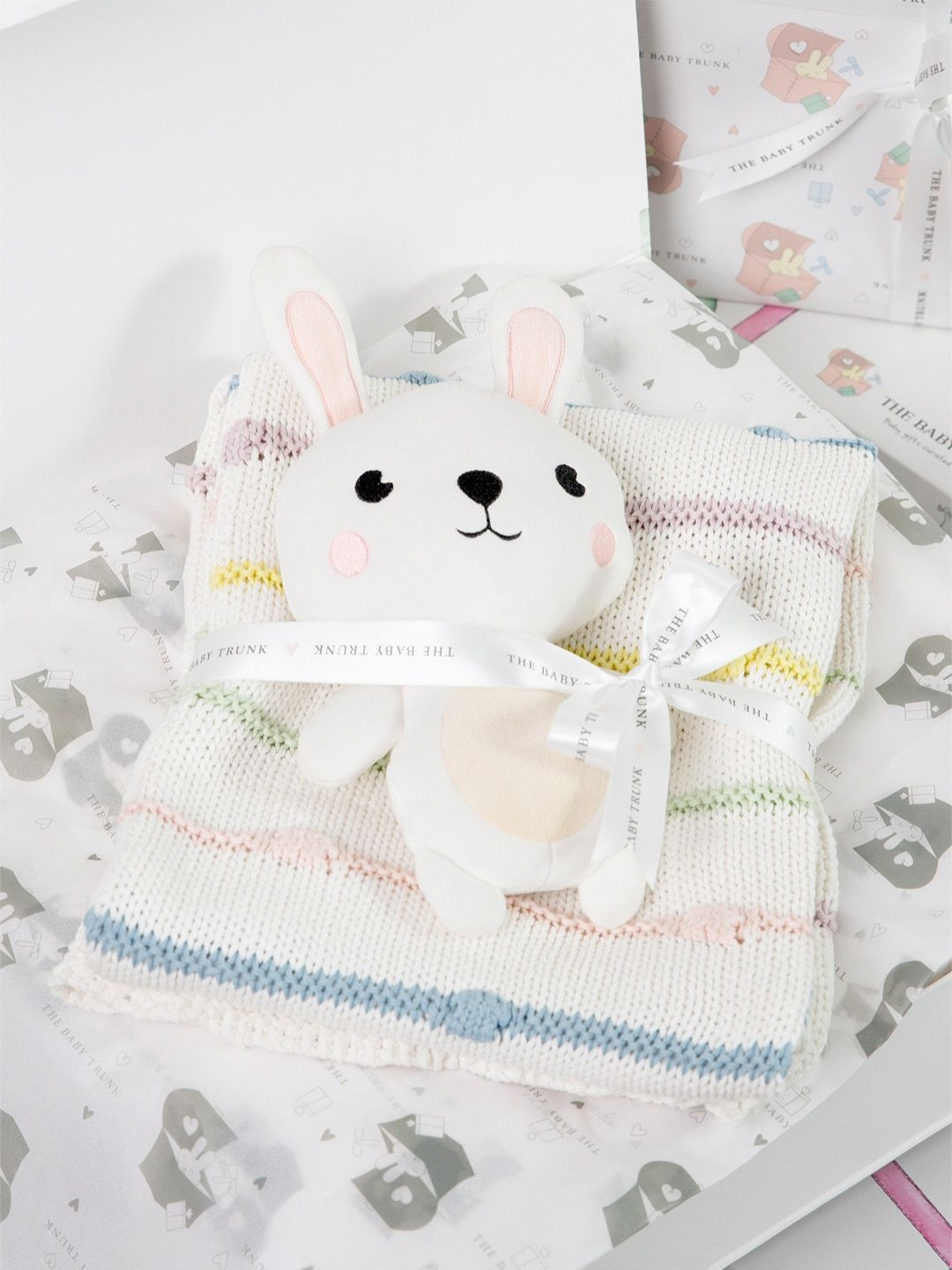 THE BABY TRUNK Off White & Grey Cotton Mild Winter Single Bed Blanket With Bunny Toy