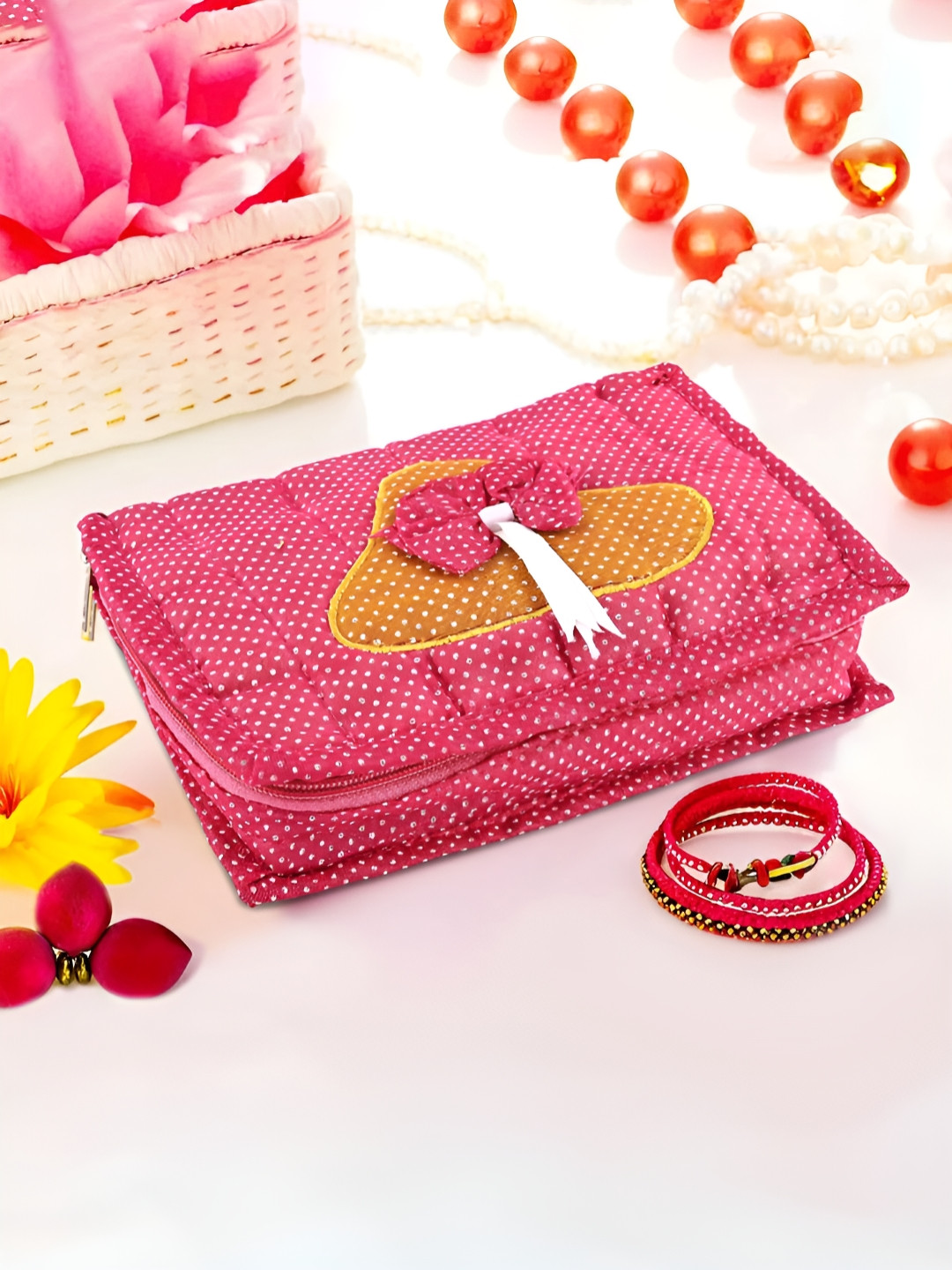 Aura Pink & Yellow Cosmetic Organisers Storage Box With 7 Pocket Jewellery Organiser