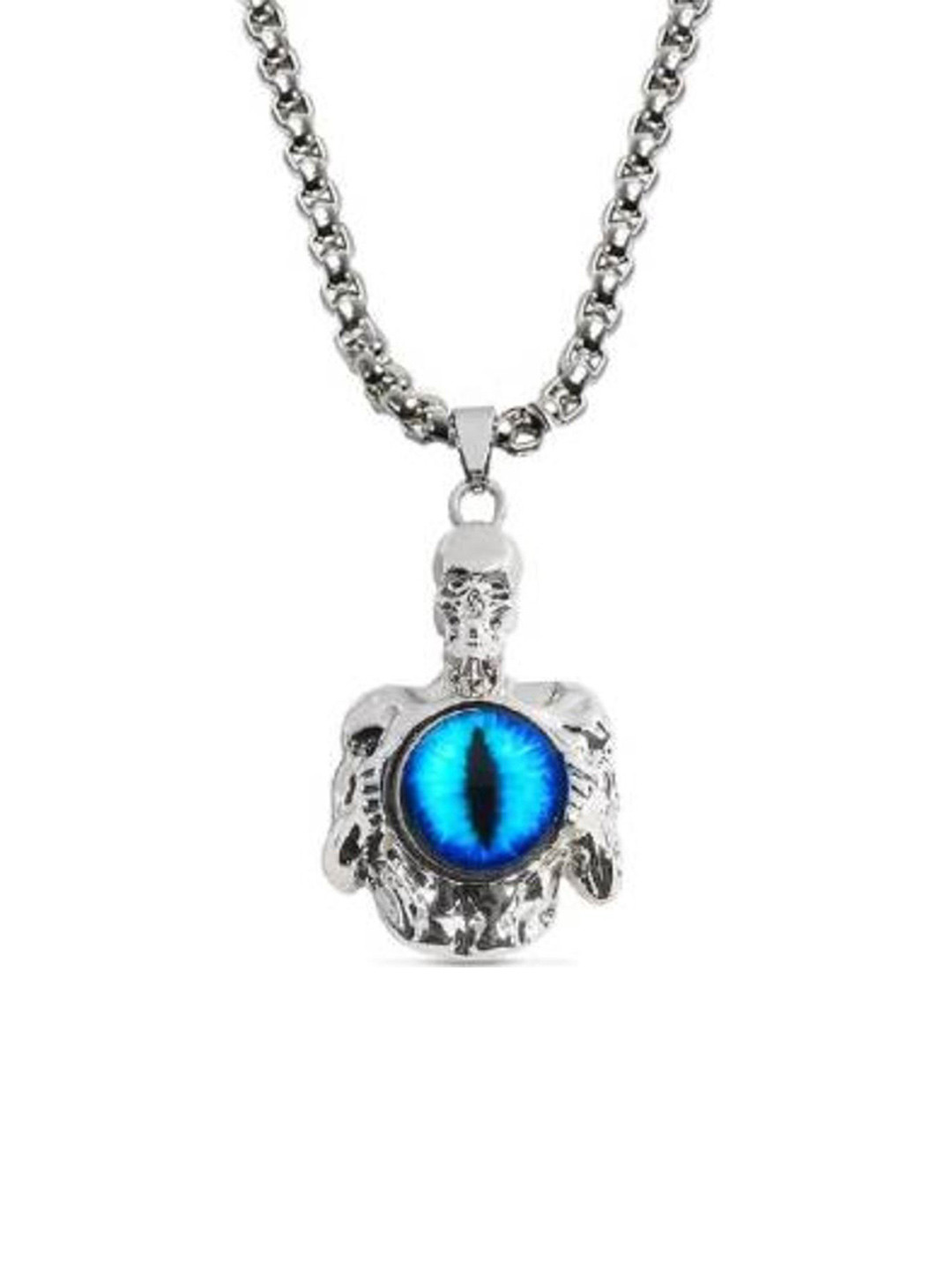 KRENOZ Men Silver-Plated Stainless Steel Stone Studded Evil Eye Skeleton Pendant & Chain