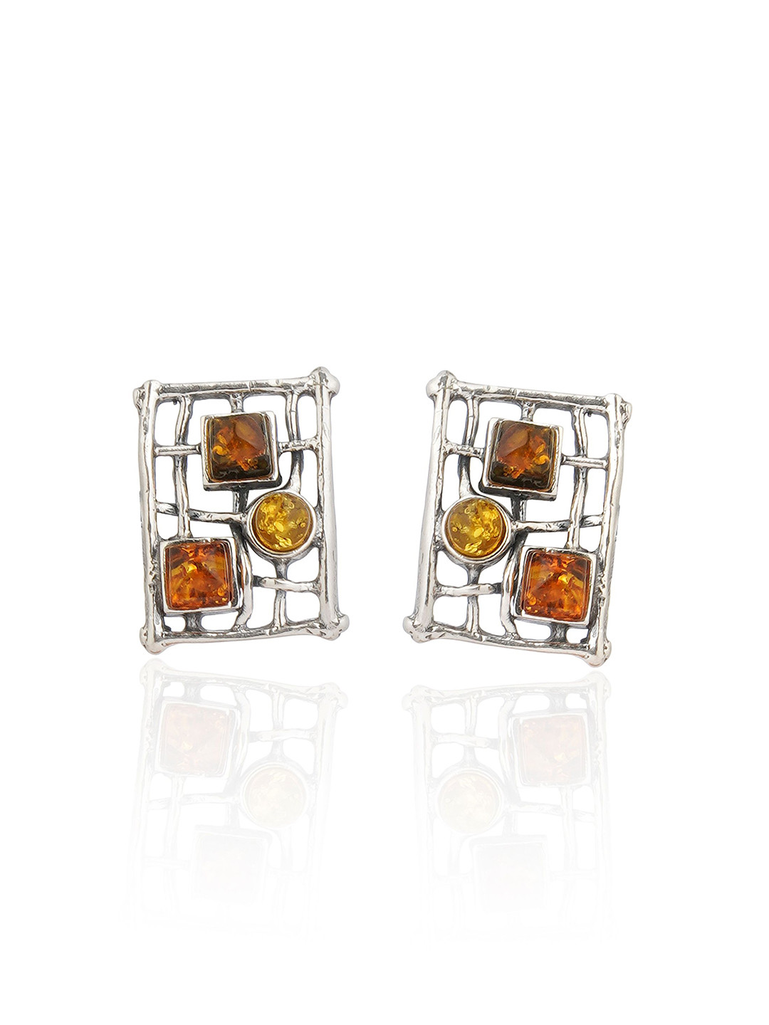 Asteri Shine On Sterling Silver Multicolor European Baltic Amber Gothic Grid Studs