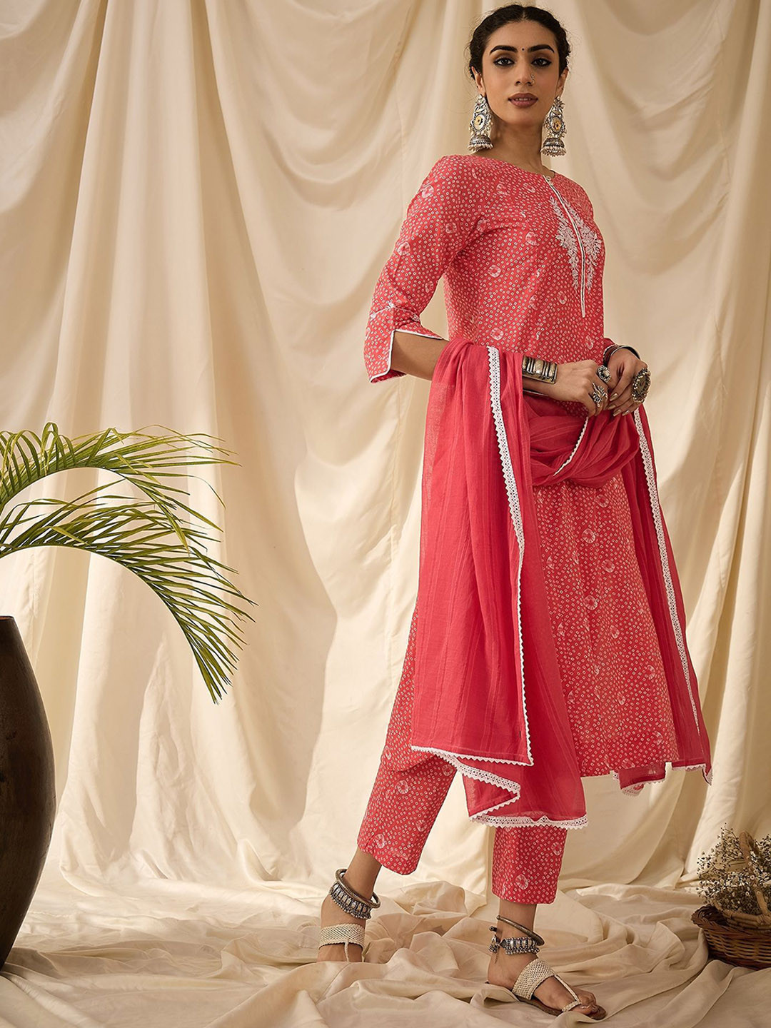 STADO Bandhani Printed Pure Cotton Straight Kurta With Trousers & Dupatta