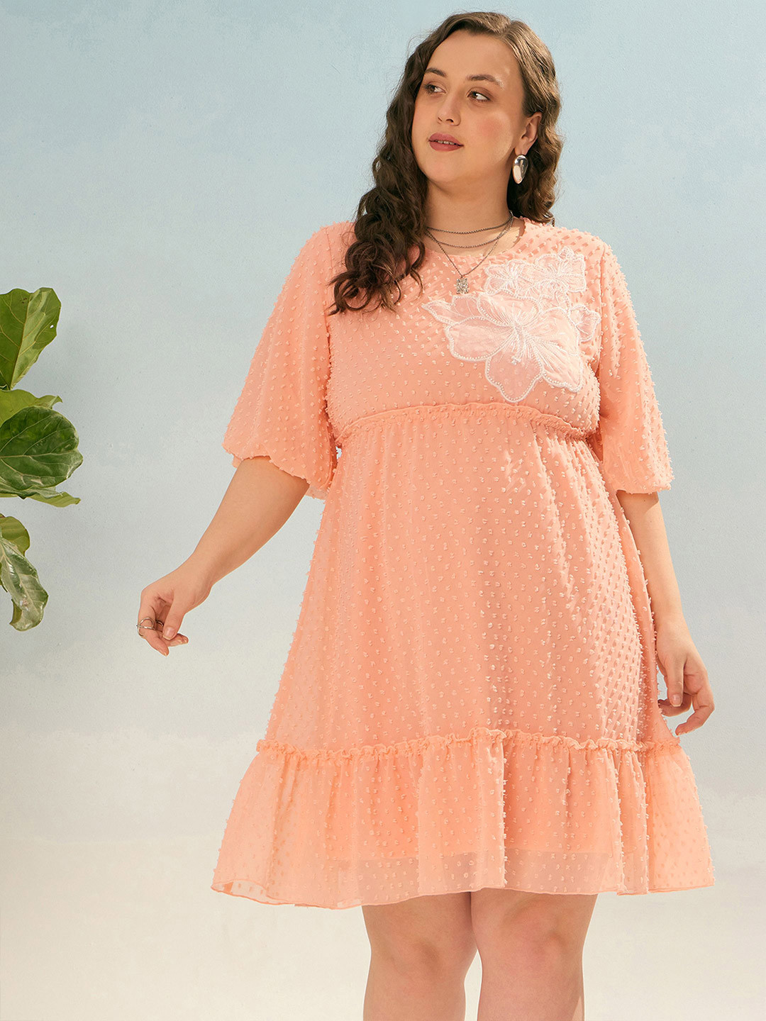 SASSAFRAS Women Plus Size Self Design Bell Sleeves Applique Empire Above Knee Dress