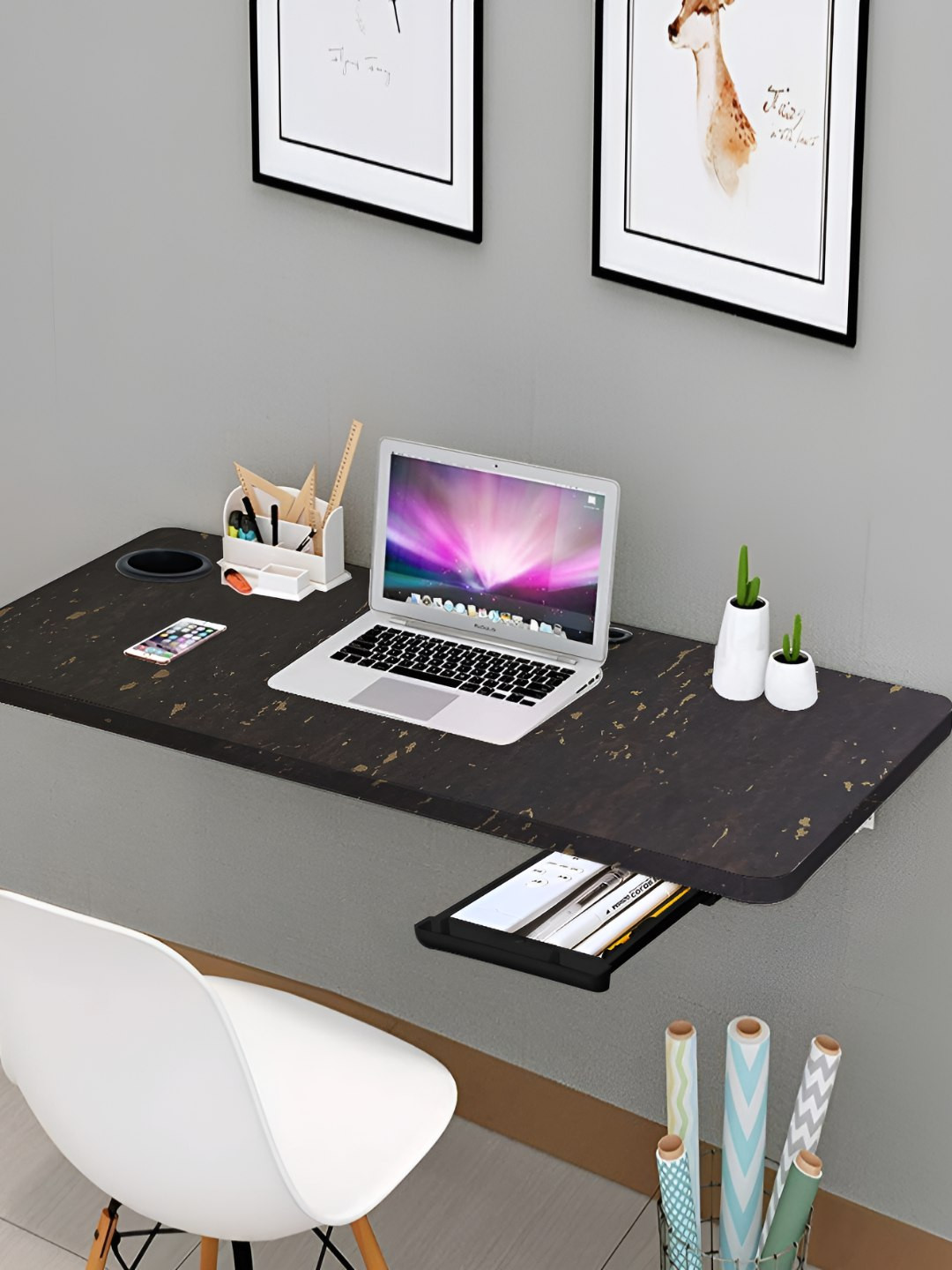 Torche Black Wood Wall Mounted Foldable Study Table With Cup Holder & Drawer