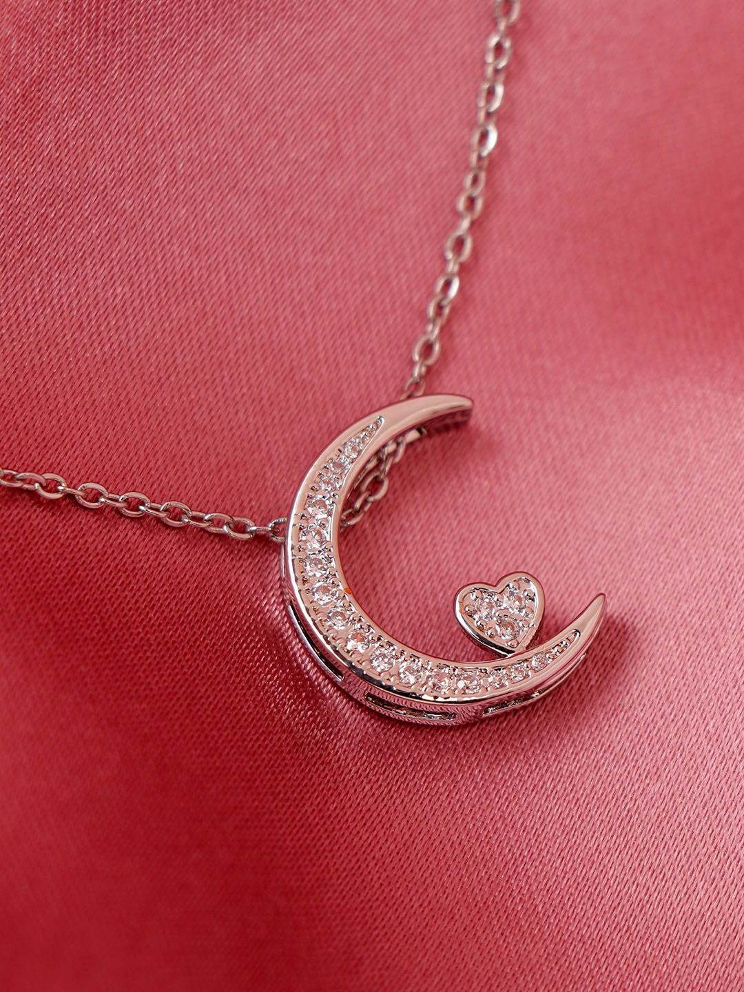Archies Silver-Plated Stainless Steel Crescent Love Stones Studded Pendant with Chain