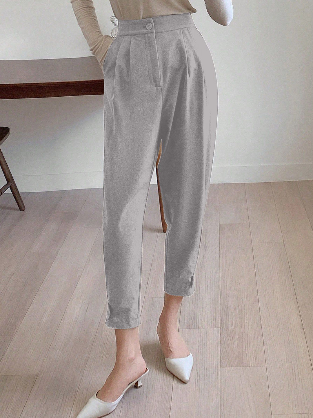 AAHWAN Women High-Rise Pleated Slim Fit Korean Pants