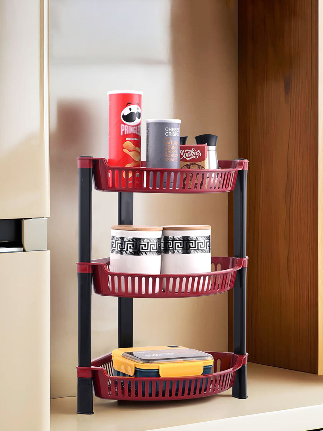 Kuber Industries Brown & Black 3 Tier Folding Fruit & Vegetable Basket Stand