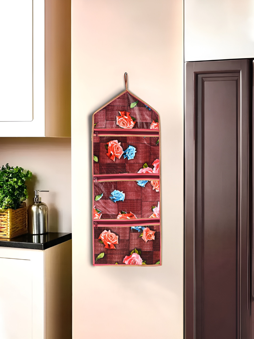 Aura Maroon & Blue Wall Hanging Organizer for Wardrobe with 3 Pockets