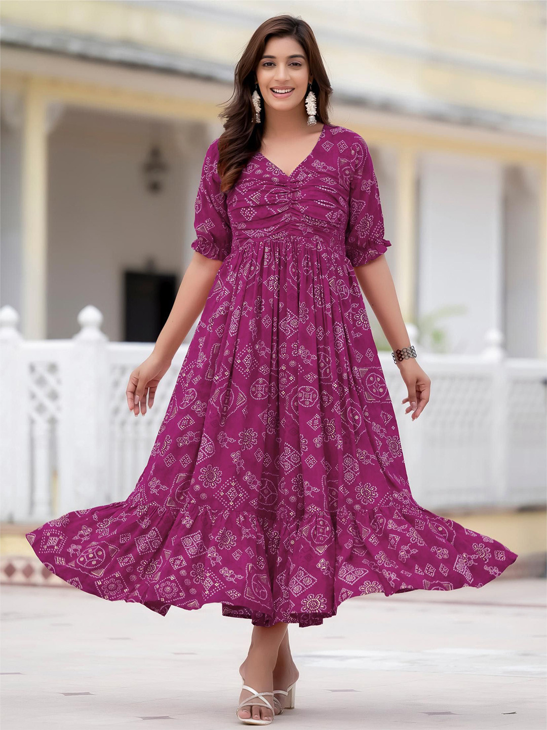 TextileNow Women Geometric Print V-Neck Puff Sleeve Maxi Fit & Flare Dress