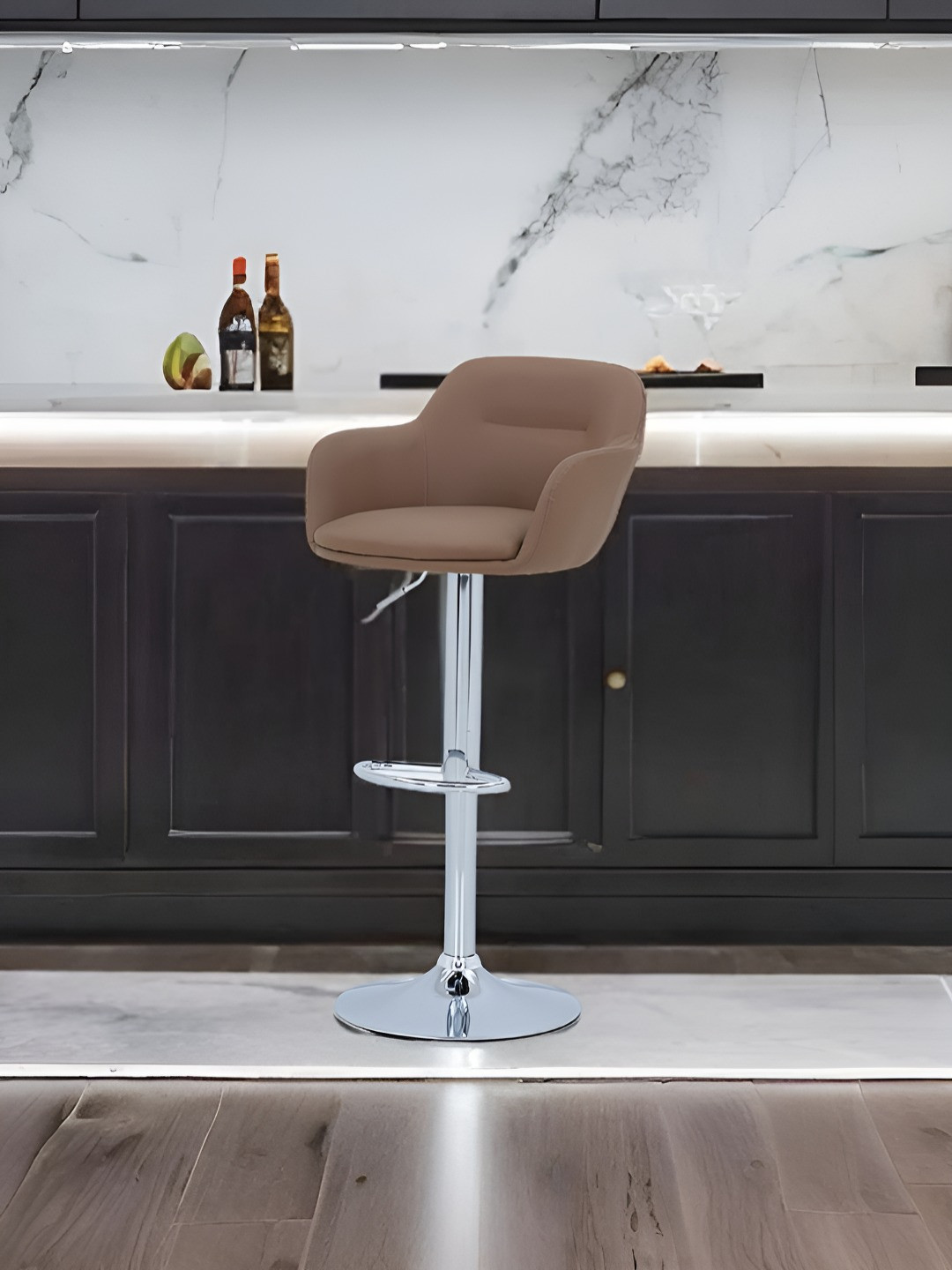 Royaloak Brown & Silver-Toned Low Back Trento Italian Leatherette Bar Stool