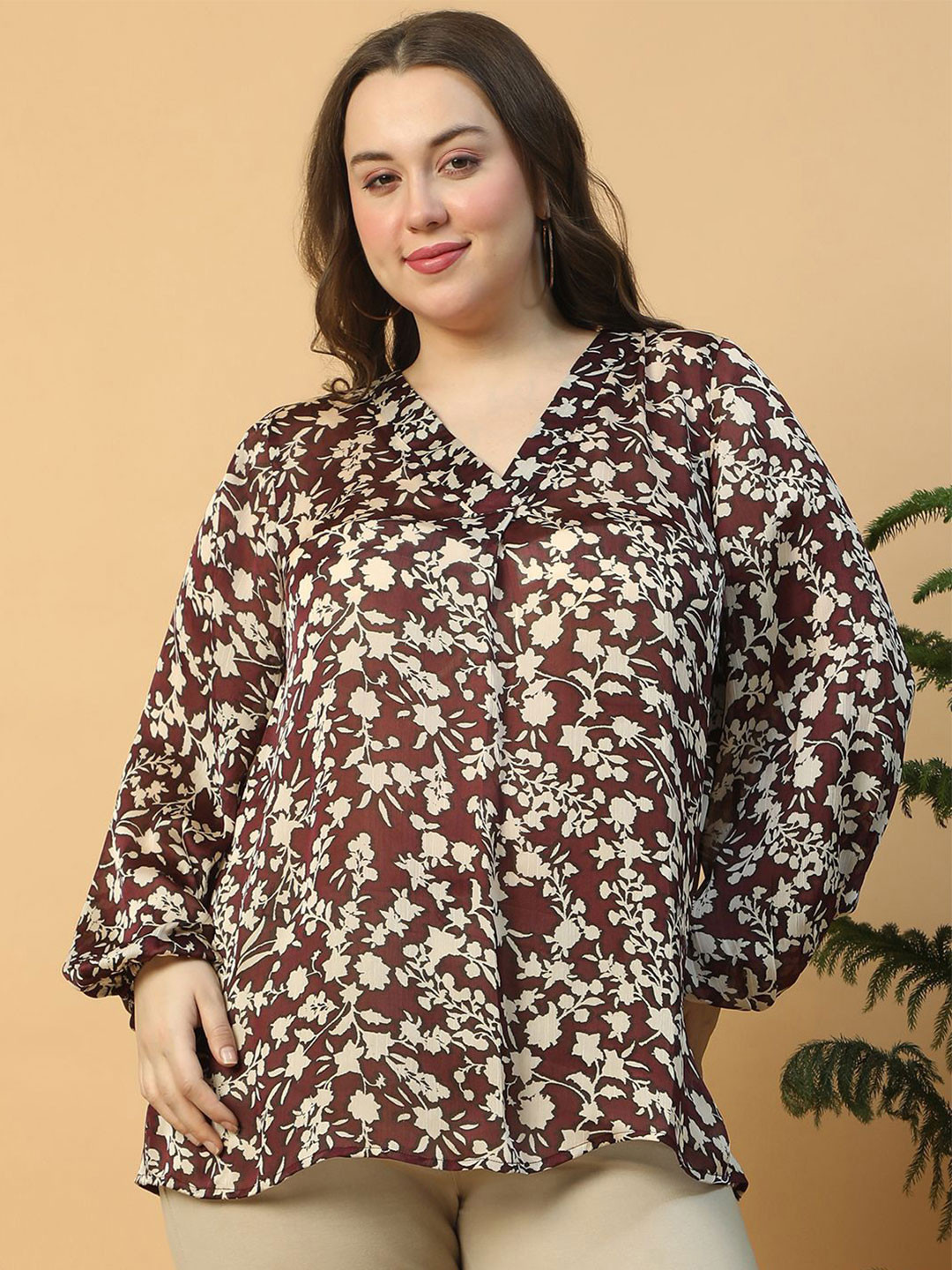 Oxolloxo Plus Size Wine Floral Print V- Neck Long Sleeve Satin Top