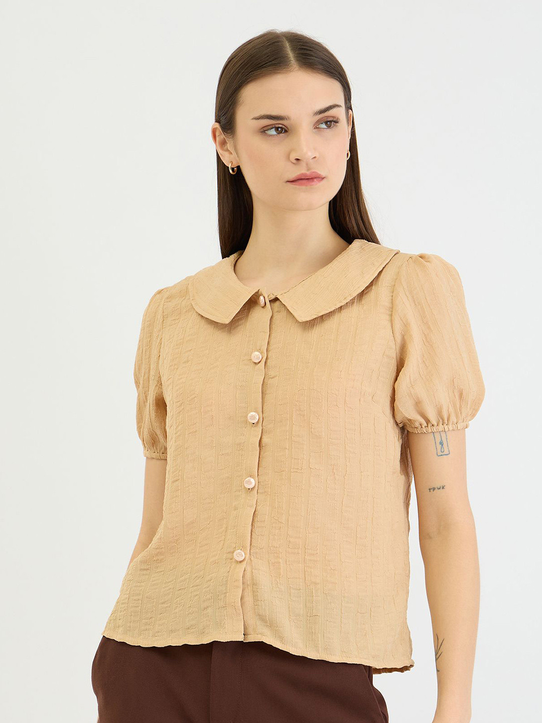 ELLE Women Textured Peter Pan Collar Regular Top