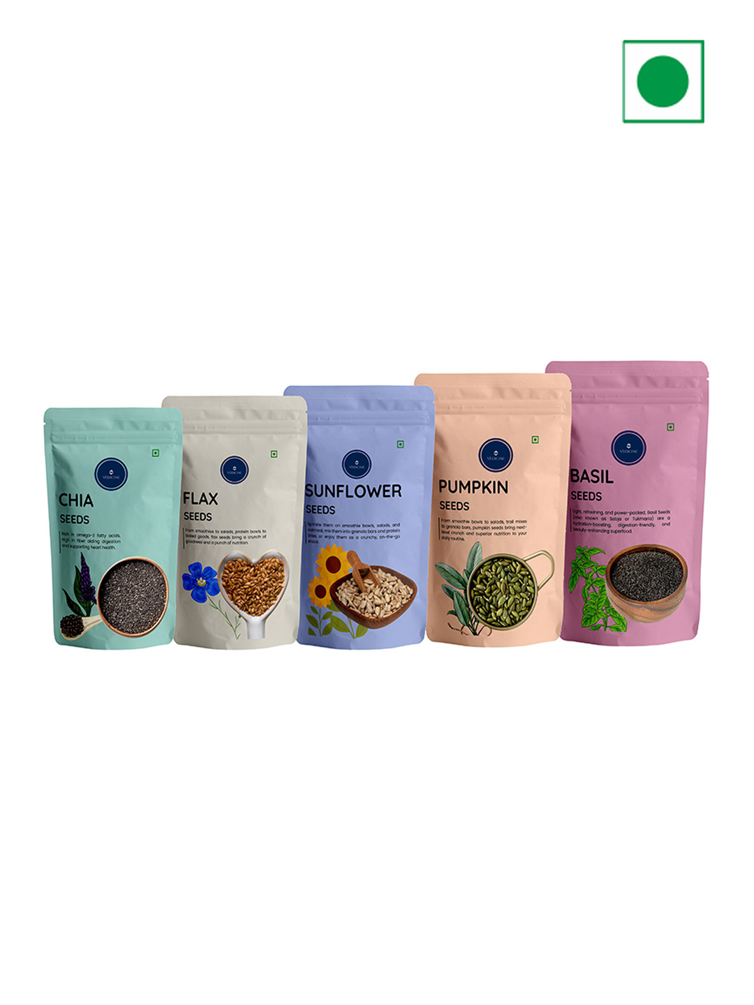 VEDICINE Set Of 5 Chia Flax Sunflower Pumpkin Basil Seeds 150gm Each
