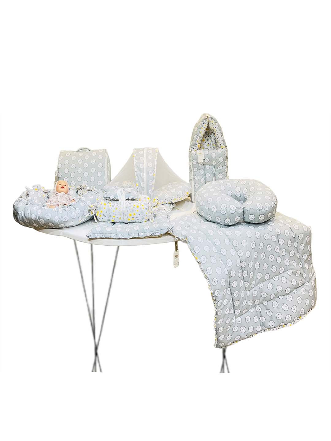 Fareto Infants Grey & White Printed Cotton Baby Bed Set