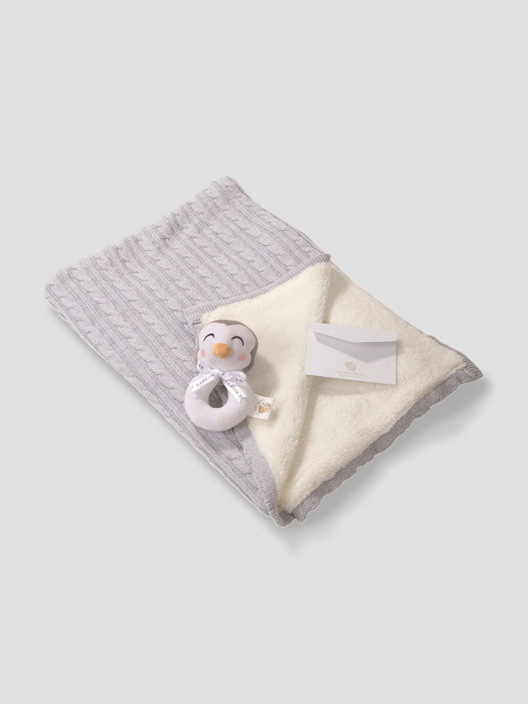 THE BABY TRUNK Grey & White Striped Cotton Mild Winter Single Bed Blanket With Penguin