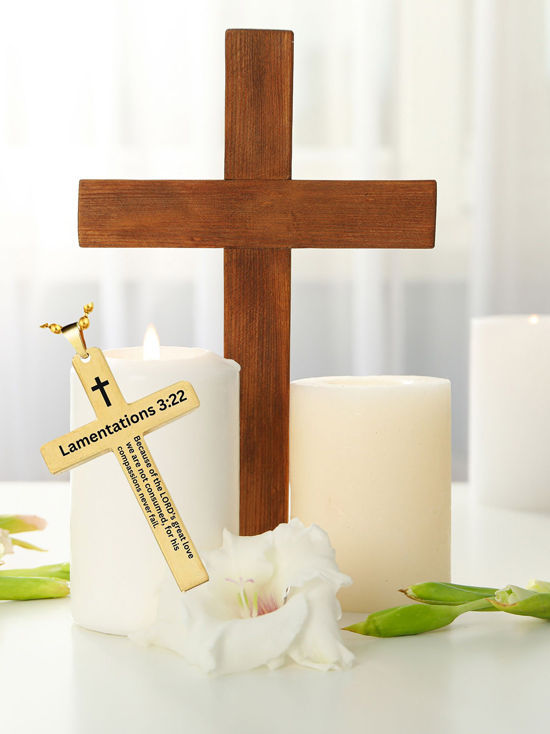 M Men Style Stainless Steel Gold-Plated Bible Verse Cross Geometric Pendants With Chain