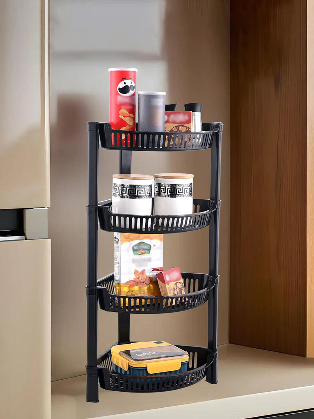 Kuber Industries Black 4 Tier Folding Fruit & Vegetable Basket Stand