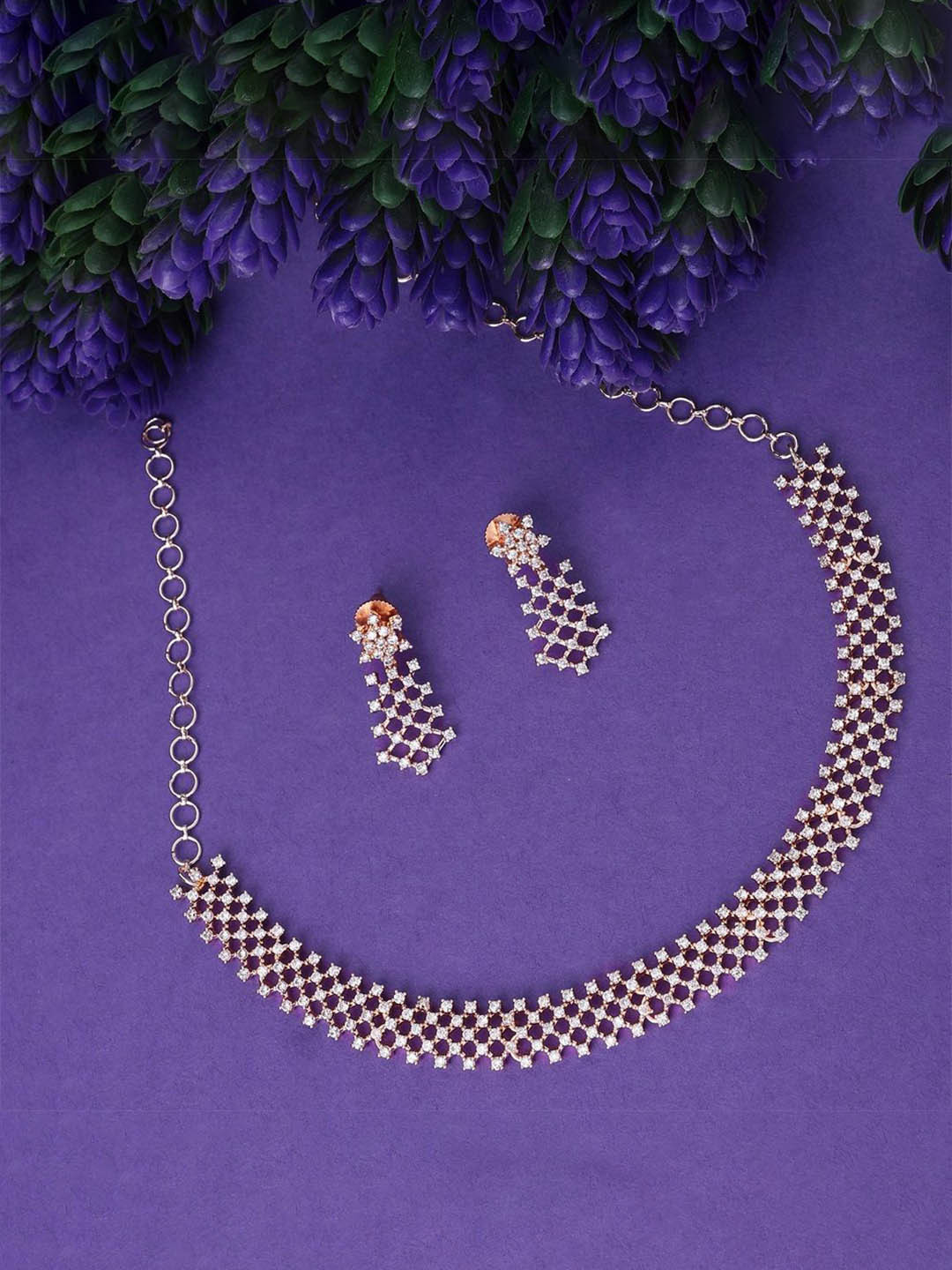 Opal Touch Rose Gold-Plated American Diamond Stone-Studded Jewellery Set