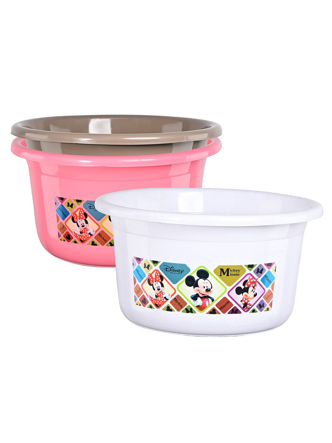 Kuber Industries White & Pink 3 Pieces Disney Check Printed Light Weight Bath Tubs