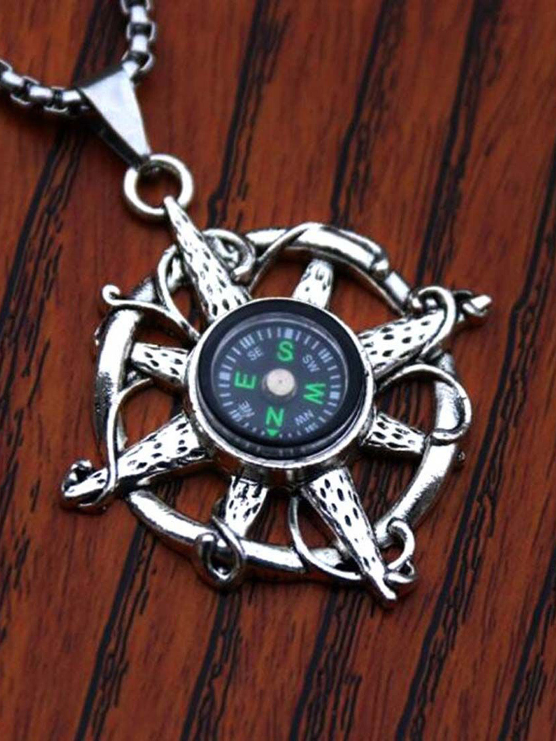 M Men Style Silver-Plated Biker Compass With Box Pendants White Chain
