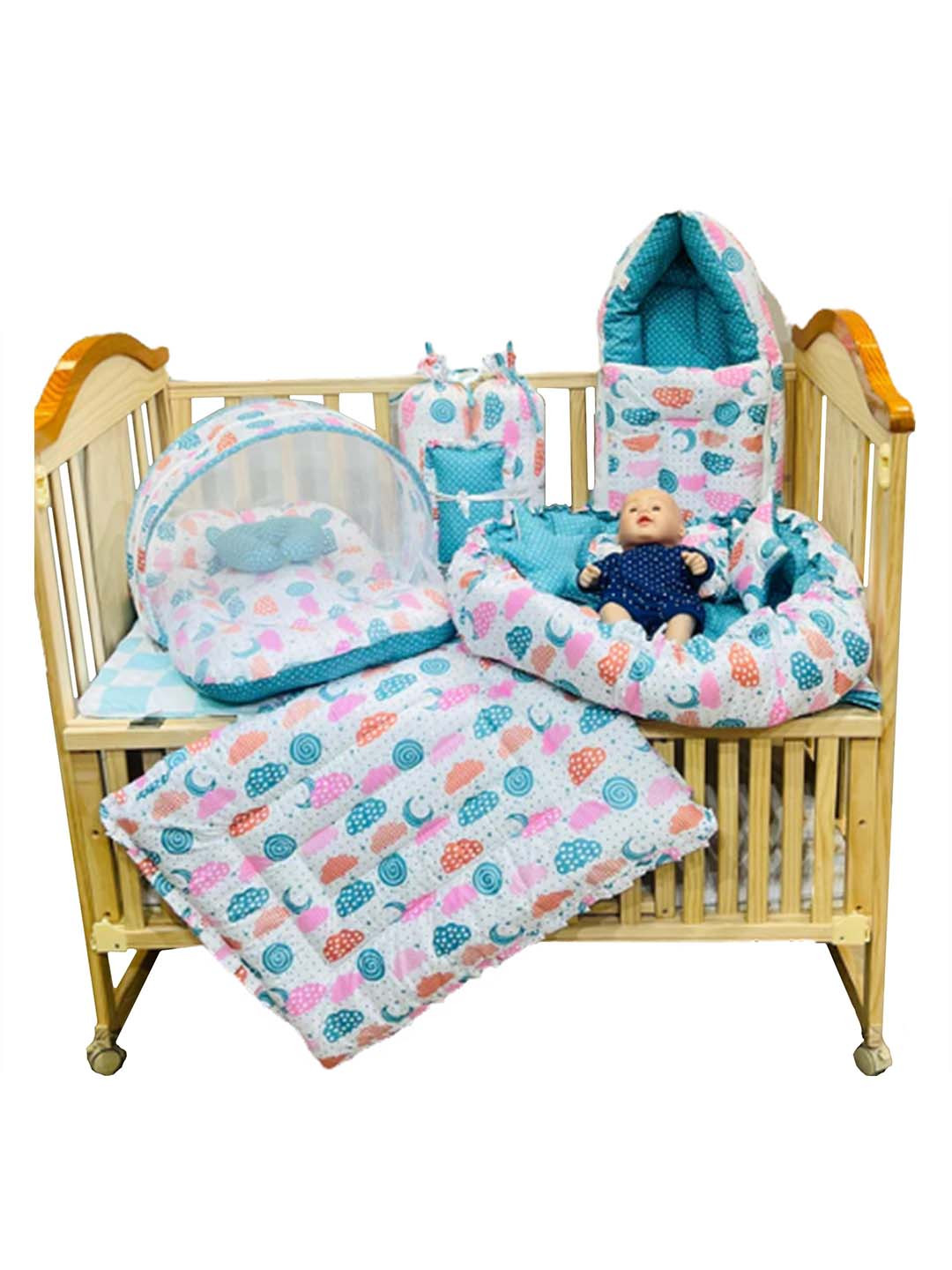 Fareto Infants Green & White Printed Cotton Baby Bed Set