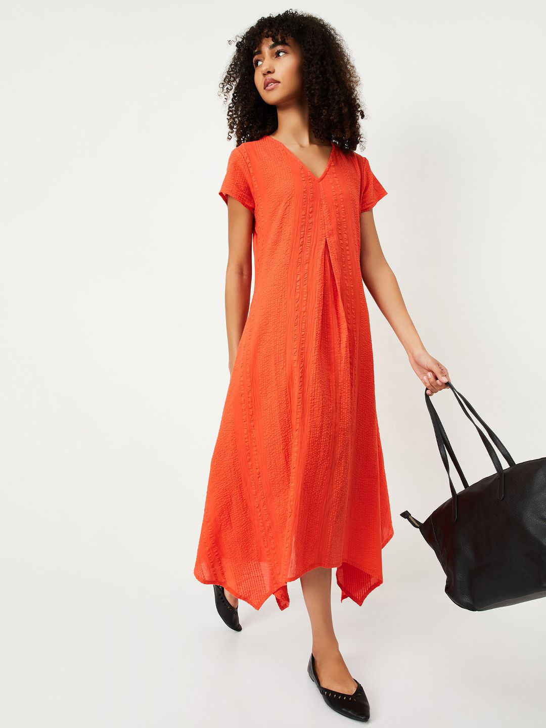 max Women V-Neck Short Sleeves A-Line Midi Dress