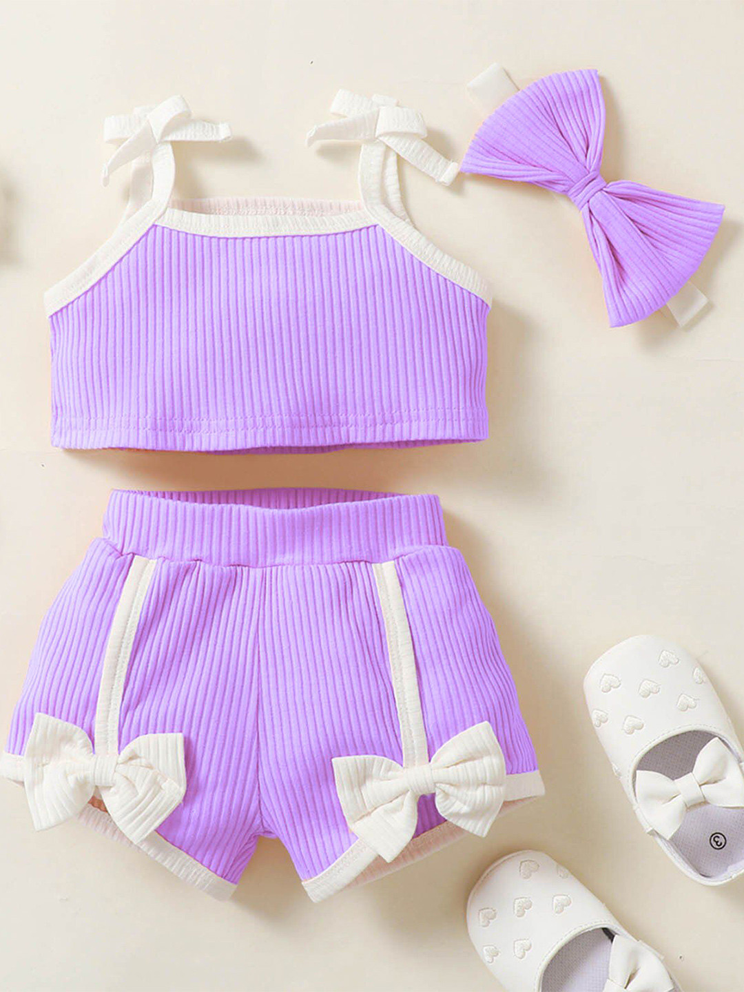 BAESD Girls Self Design Sleeveless Shoulder Straps Top With Shorts & Bow