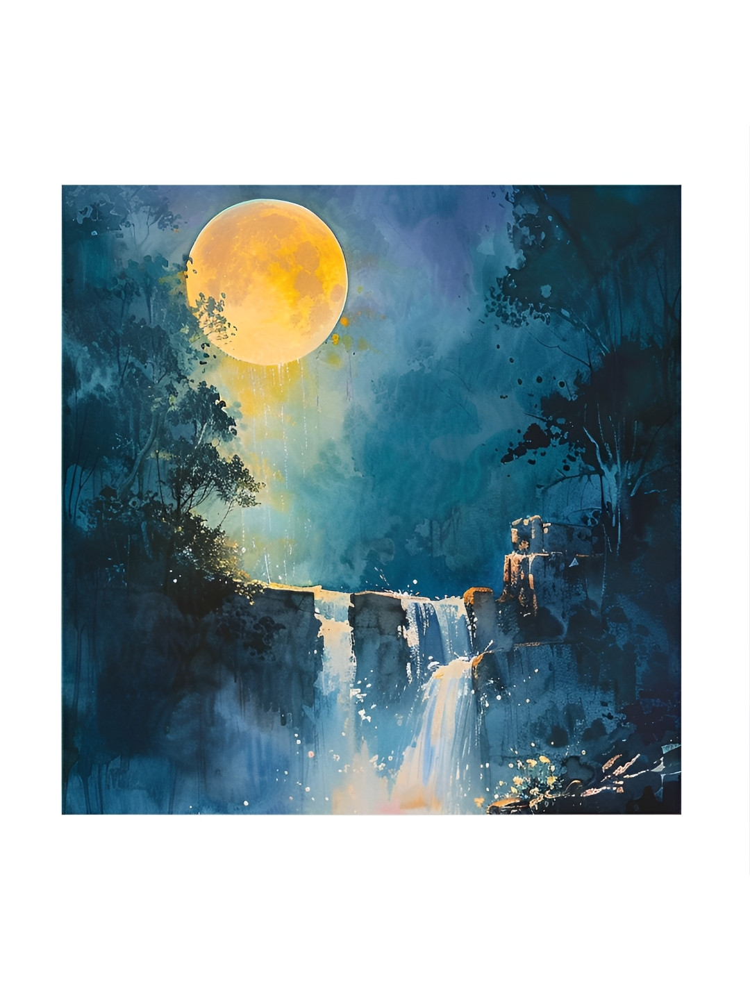 RANDOM Blue & Yellow Moonlit Waterfall Night Forest Canvas Wall Art