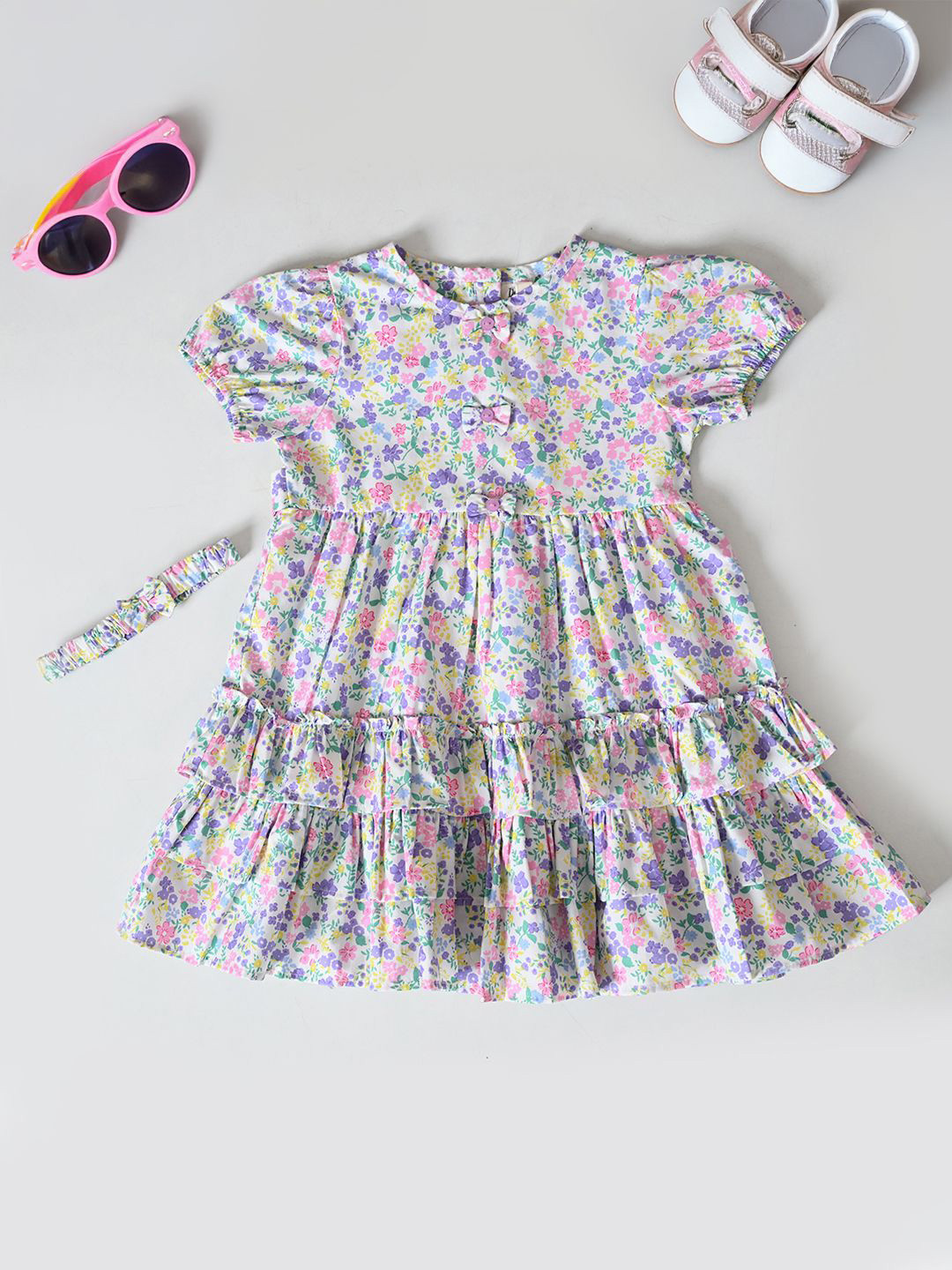 Bella Moda Kids-Girls Floral Print Puff Sleeve Layered Dress