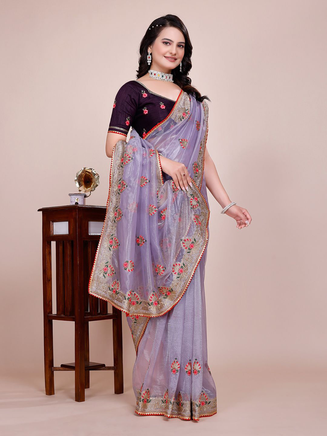 SILKWEAR Floral Embroidered Supernet Saree With Unstitched Blouse Piece