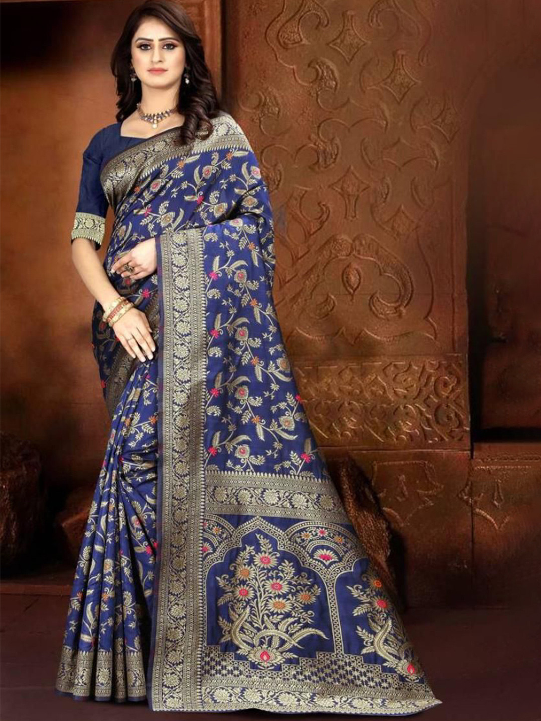 SAREEFLAME Floral Silk Banarasi Saree With Unstitched Blouse Piece